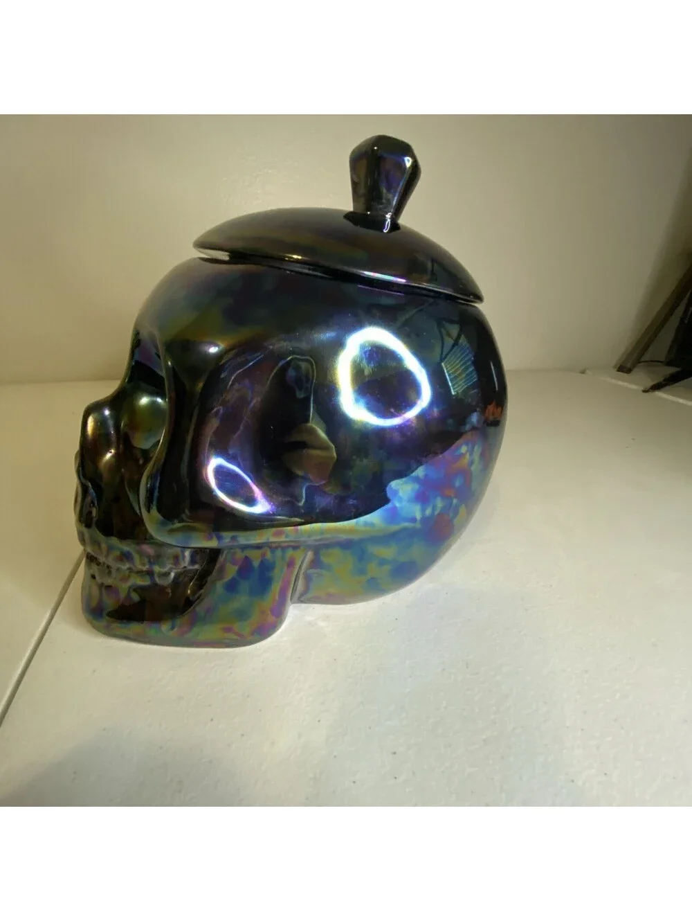 Day of the Dead Black Iridescent Oil Slick Ceramic Skull Head Real Size Jar